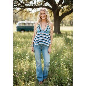 2/$35 POL Crochet Striped V-Neck Babydoll Cropped Boho Hippie Girl Top Women S